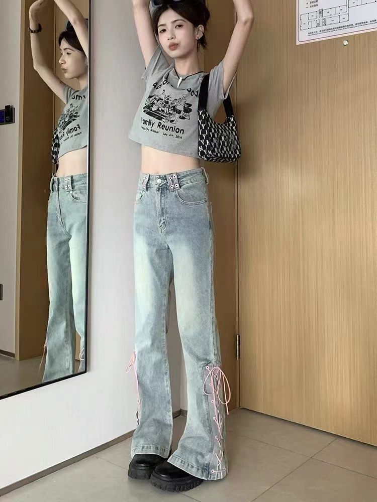 Summer High Waist Lace-up Design Sense Niche Slit Flared Pants