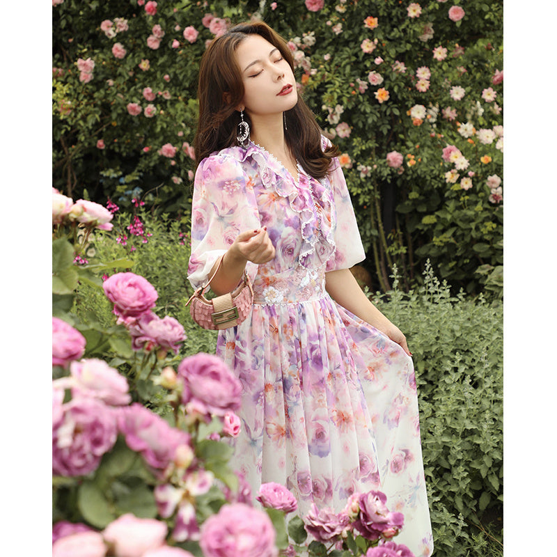 French Heavy Industry Bead Printing Waist V Neck Dress Women's Summer
