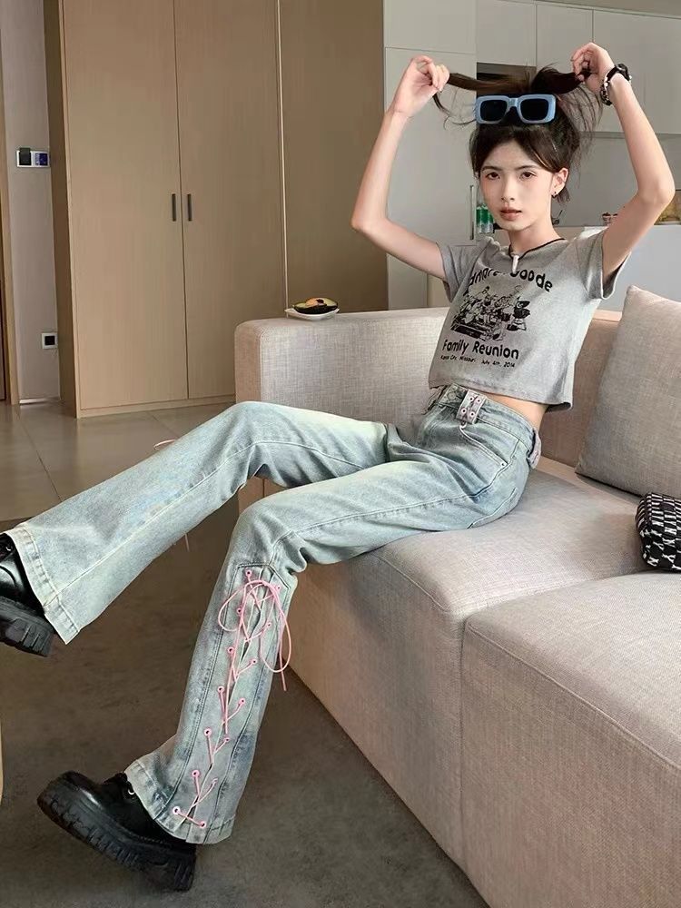 Summer High Waist Lace-up Design Sense Niche Slit Flared Pants
