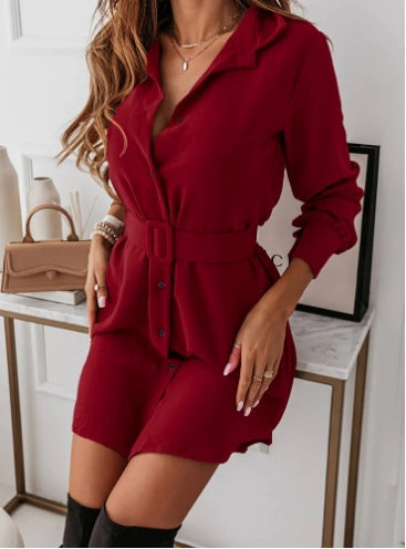 Elegant Long-Sleeve Polyester Shirt Dress with Belt and Buttons for Women