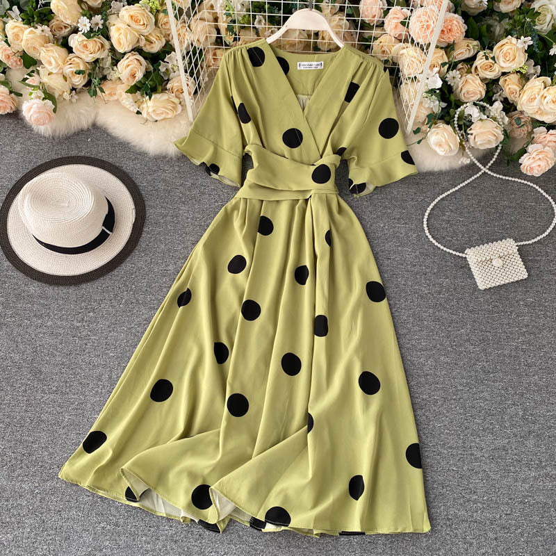 Design Sense Lace-up Waist-controlled Slimming Retro Over The Knee A- Line Dress