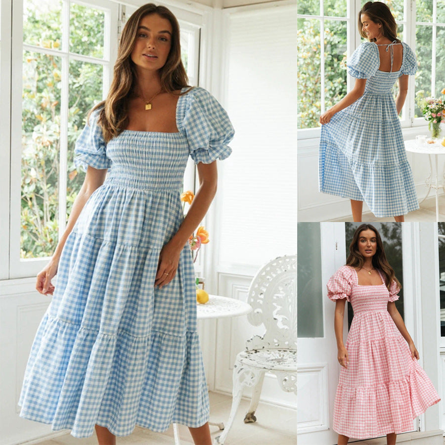 Plaid Dress Square Collar Puff Sleeve High Waist