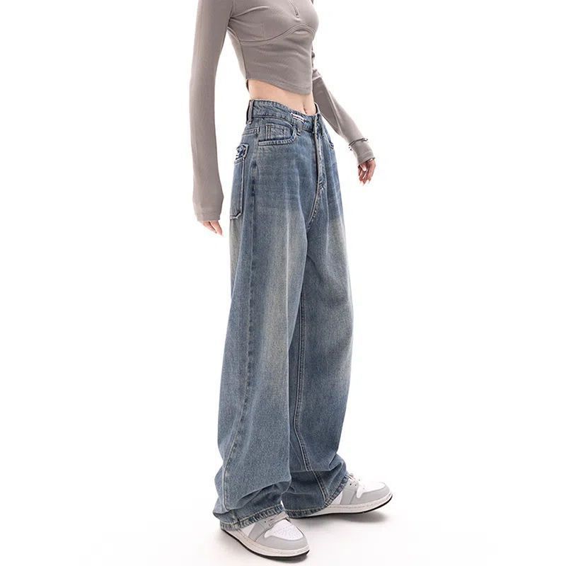 American High Street Retro Hong Kong Style Jeans Women's High Waist Loose All-matching Straight Wide Leg Pants Slim Pants
