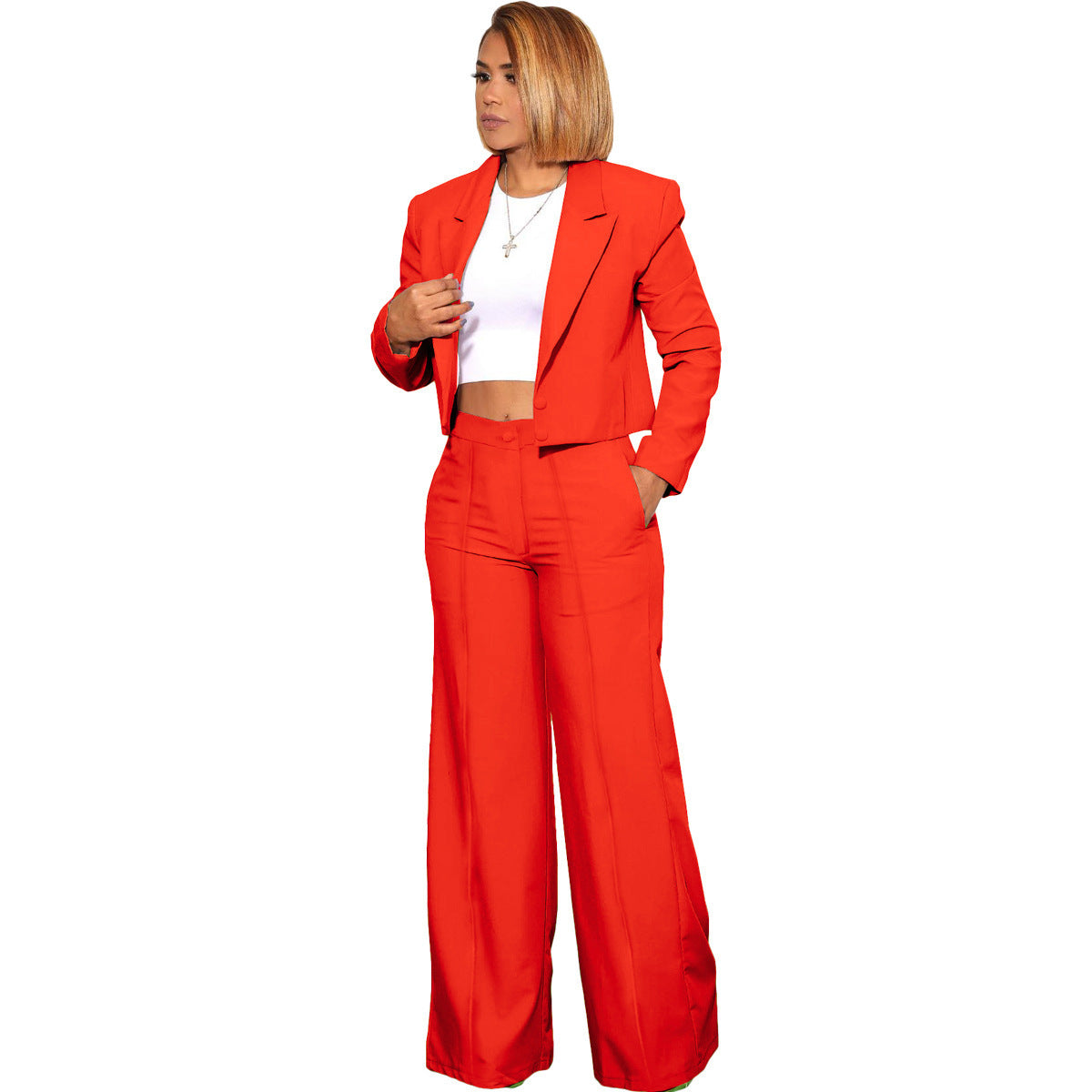Women's Solid Color Breasted Suit Short Coat Wide Leg Trousers Two-piece Set