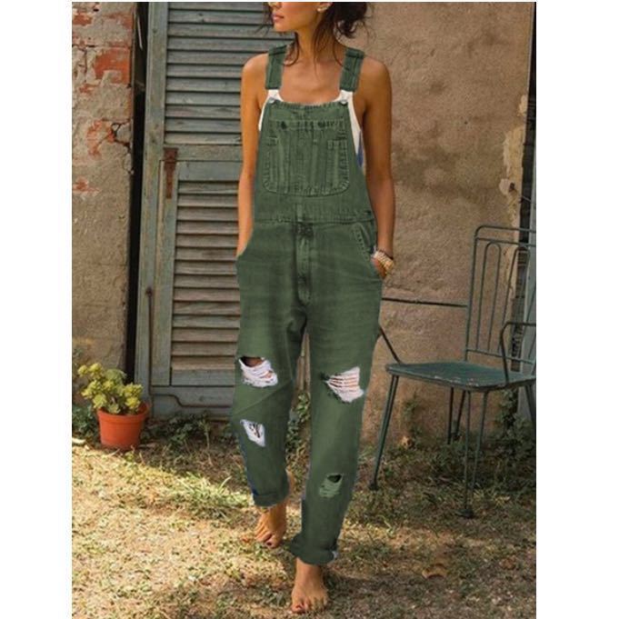 Ladies' Denim Overalls With Holes And Thinner