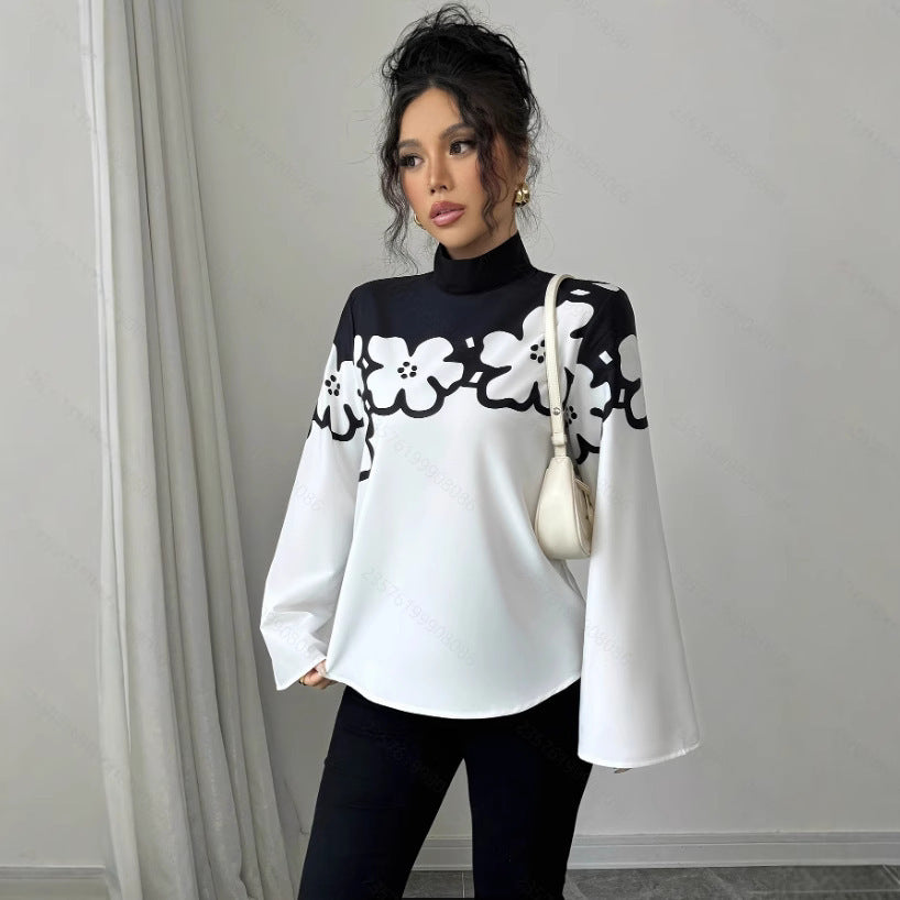 Women's Elegant Commuter Loose Floral Print Long Sleeve Stand Collar Shirt