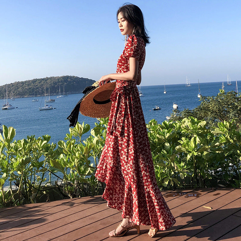 Lace-up Chiffon One-piece Holiday Dress