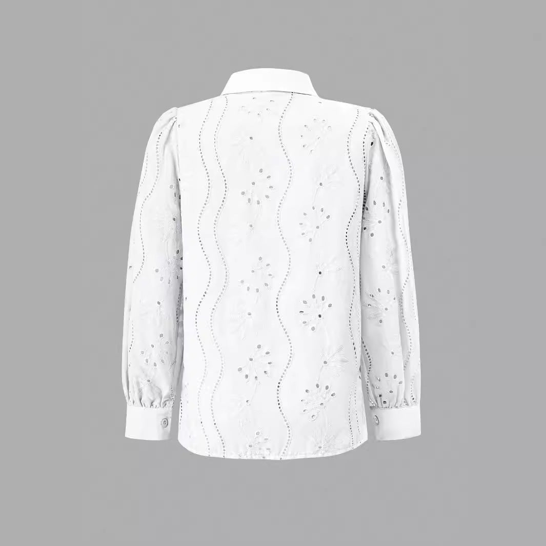 Women's Single-breasted Embroidered Long-sleeved Lapel Shirt