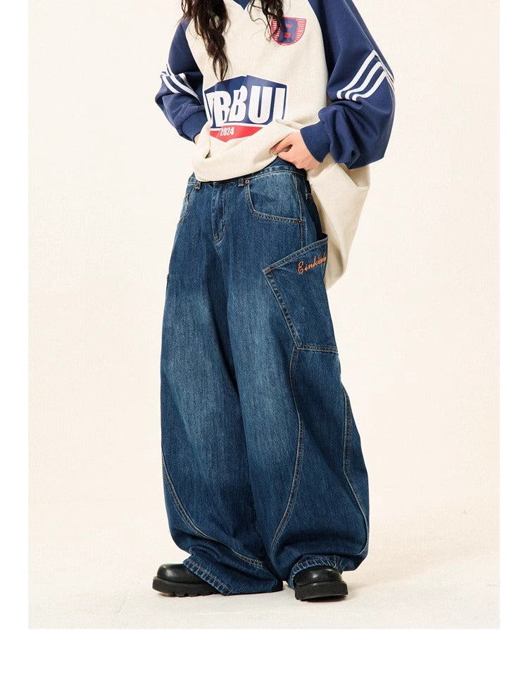 Women's Loose Wide-leg Jeans With Large Pockets Machete