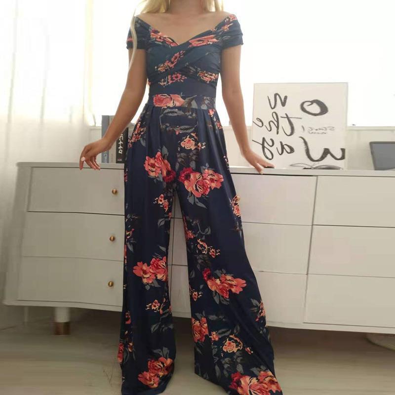 European And American Fashion Off-shoulder Printed Temperament Commute Casual High Waist Jumpsuit Women