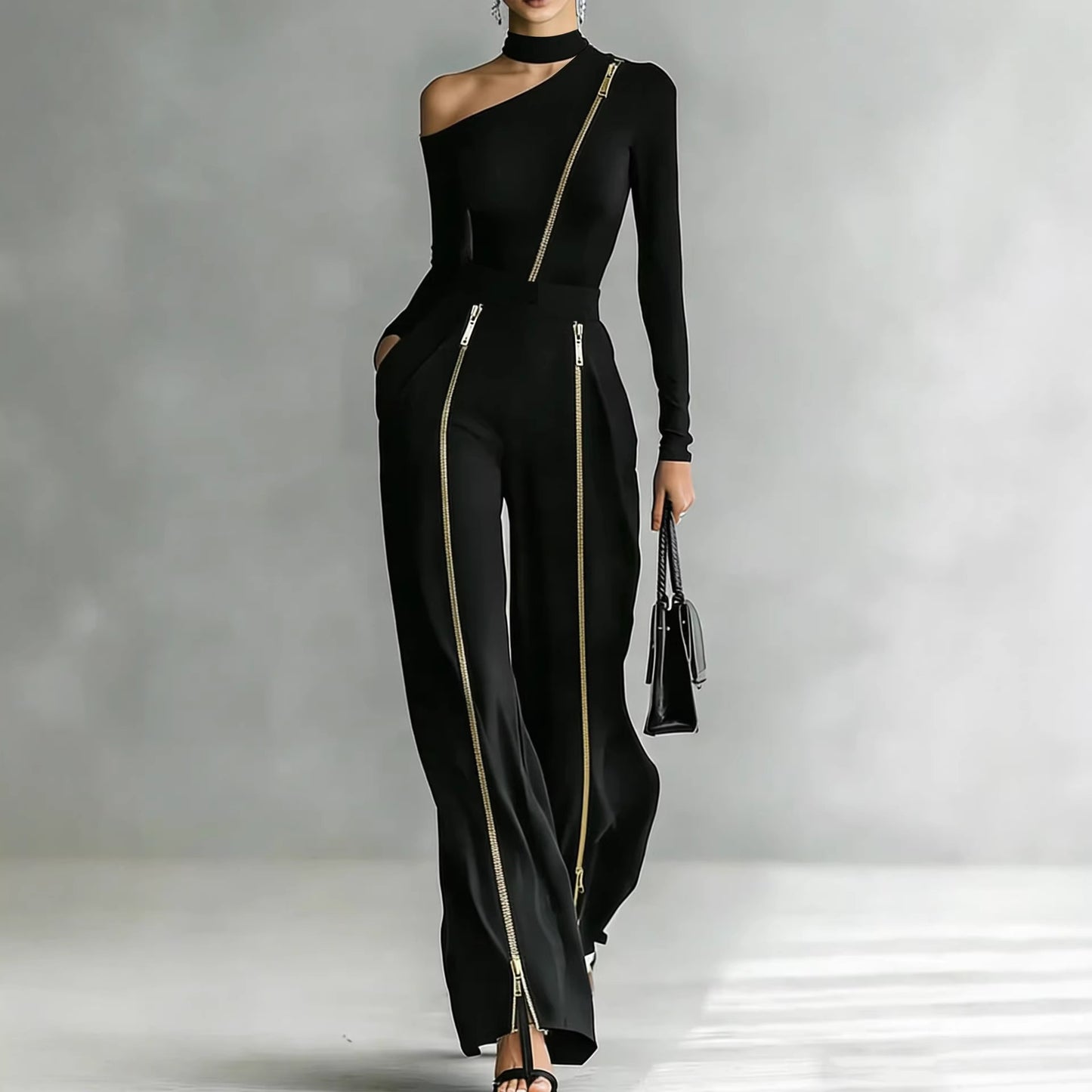 طقم بنطال واسع الساقين، بياقة دائرية وأكمام طويلة، مصنوع من قماش محبوك، مزود بسحاب ثنائي الاتجاه.