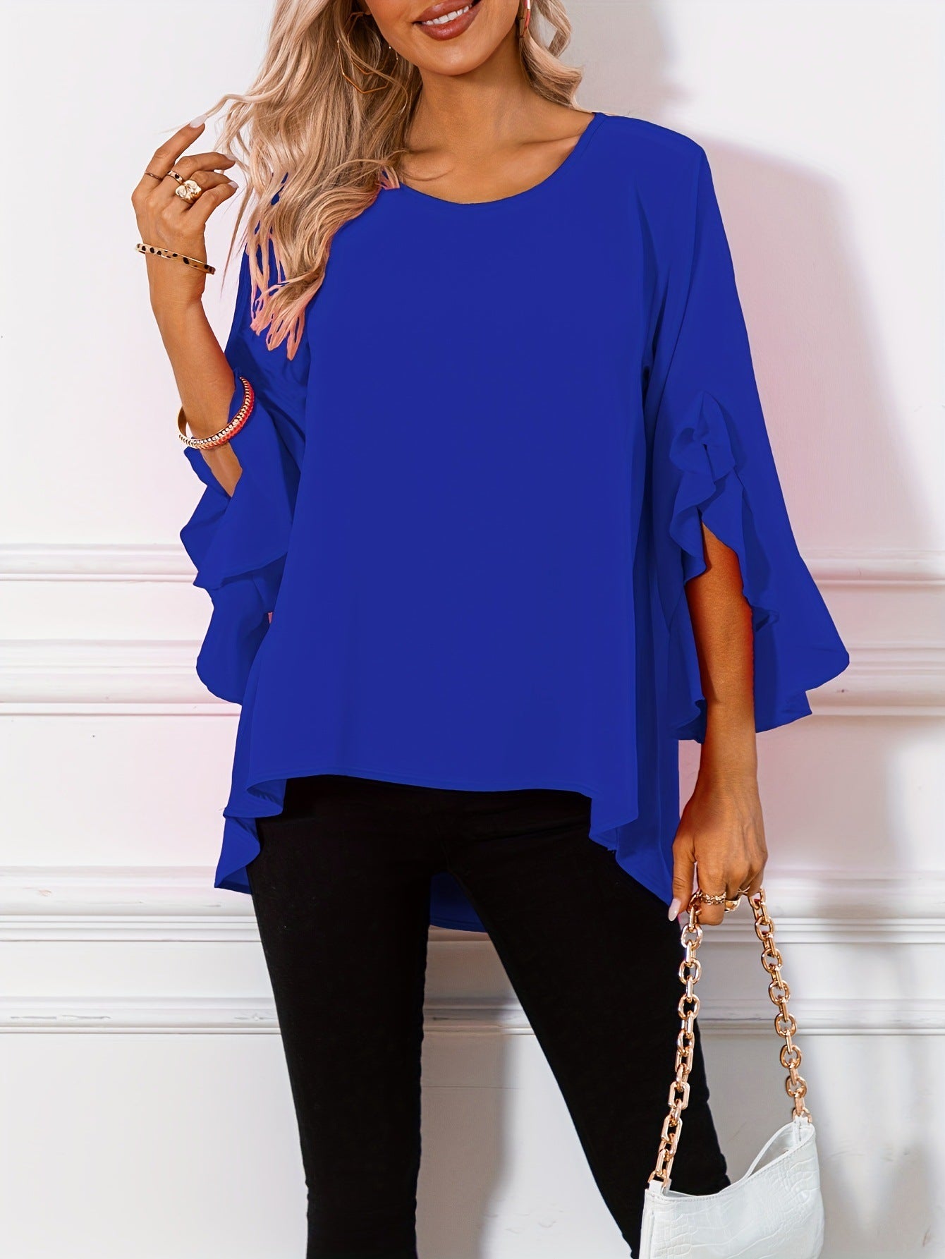 Solid Color Round Neck Shoulder Ruffle Sleeve Top