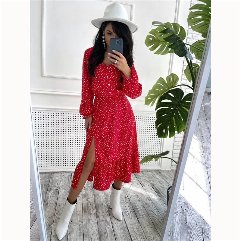 Women's V-neck Fashion Casual Polka Dot Long Dress Split Beach Dress