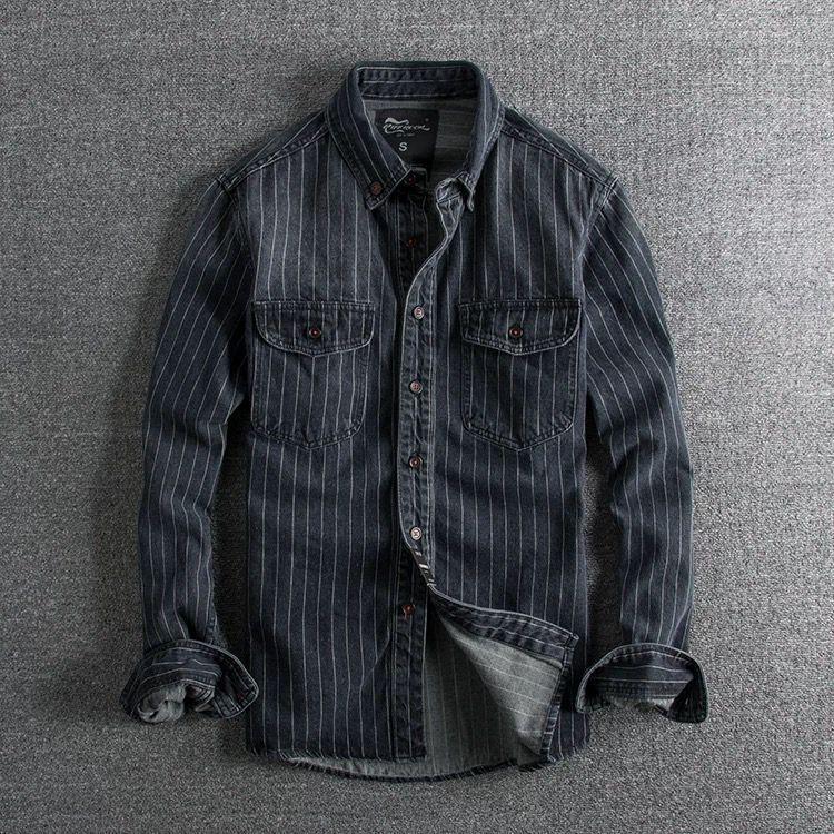 Denim Shirt Retro Heavy Distressed Thick Striped Long Sleeve Coat