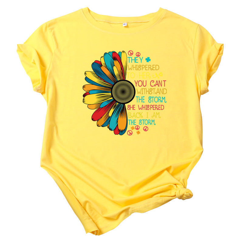 Europe and America Sunflower Print Short Sleeve T-shirt