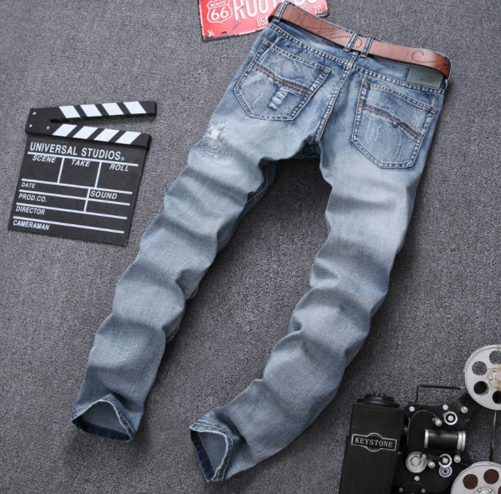 Light Blue Slim Fit Distressed Denim Joggers Male Plus Size Jean Trousers
