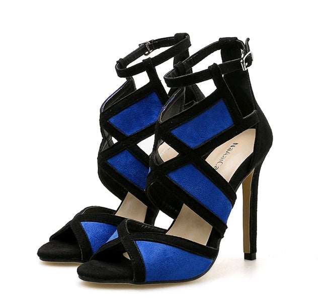 Women's sandals color matching fish mouth cross hollow buckle with fine super high heels
