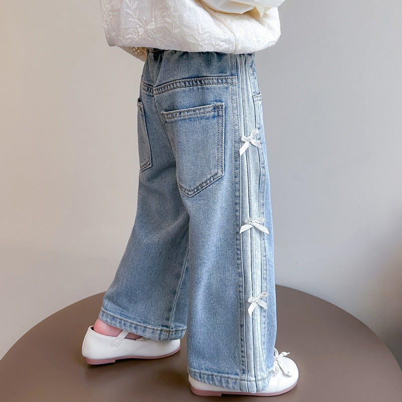 Pantalon droit en denim à jambes larges avec nœud pour enfants, collection automne