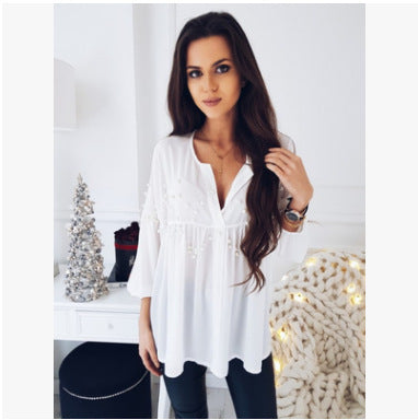 White Chiffon Beaded Loose Casual Collar Top