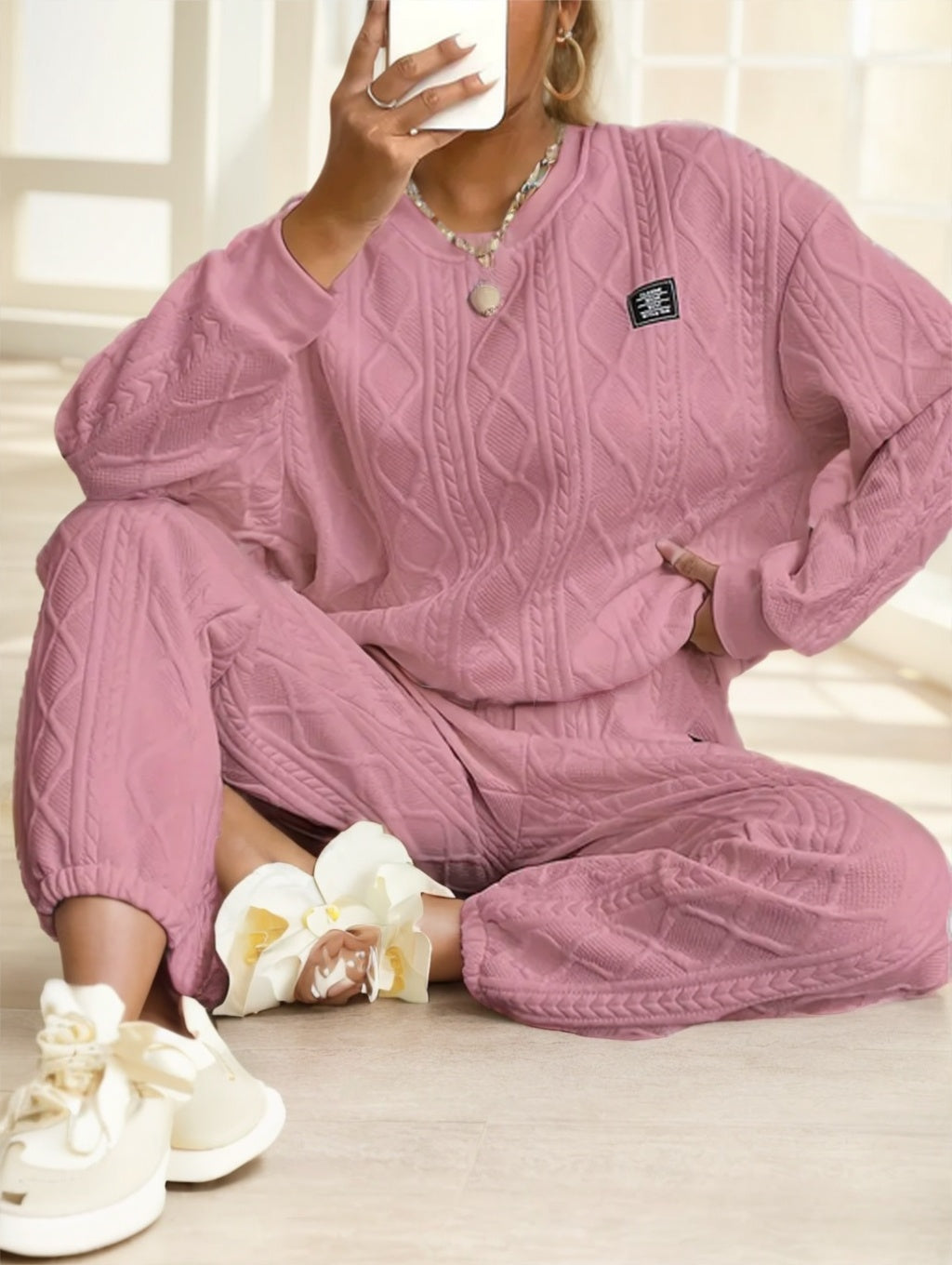 Casual Patch Cable Textured Pants Set, Long Sleeve Crew Neck Sweatshirt