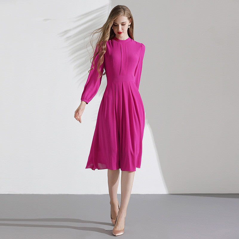 Elegant Women's Rose Long-sleeved French Chiffon Dress