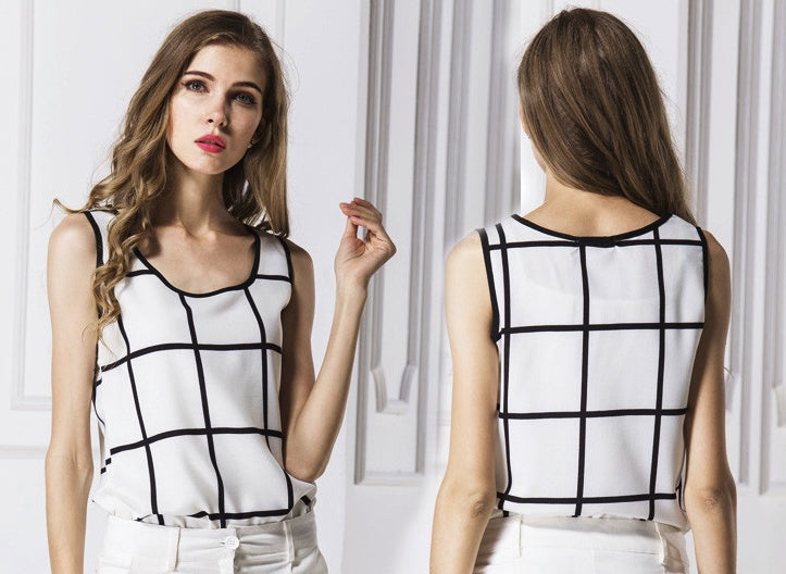 USA SIZE Chiffon shirt black and white plaid hemp vest halter top shirt