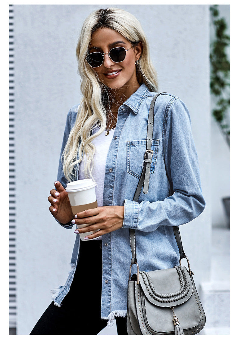 Denim Jacket Women's Fallwinter New Style Solid Color Distressed