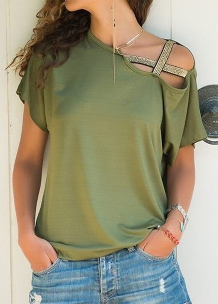 AliExpress Amazon spring and summer explosion models Europe and the United States casual shoulder cross irregular short-sleeved T-shirt women's shirt