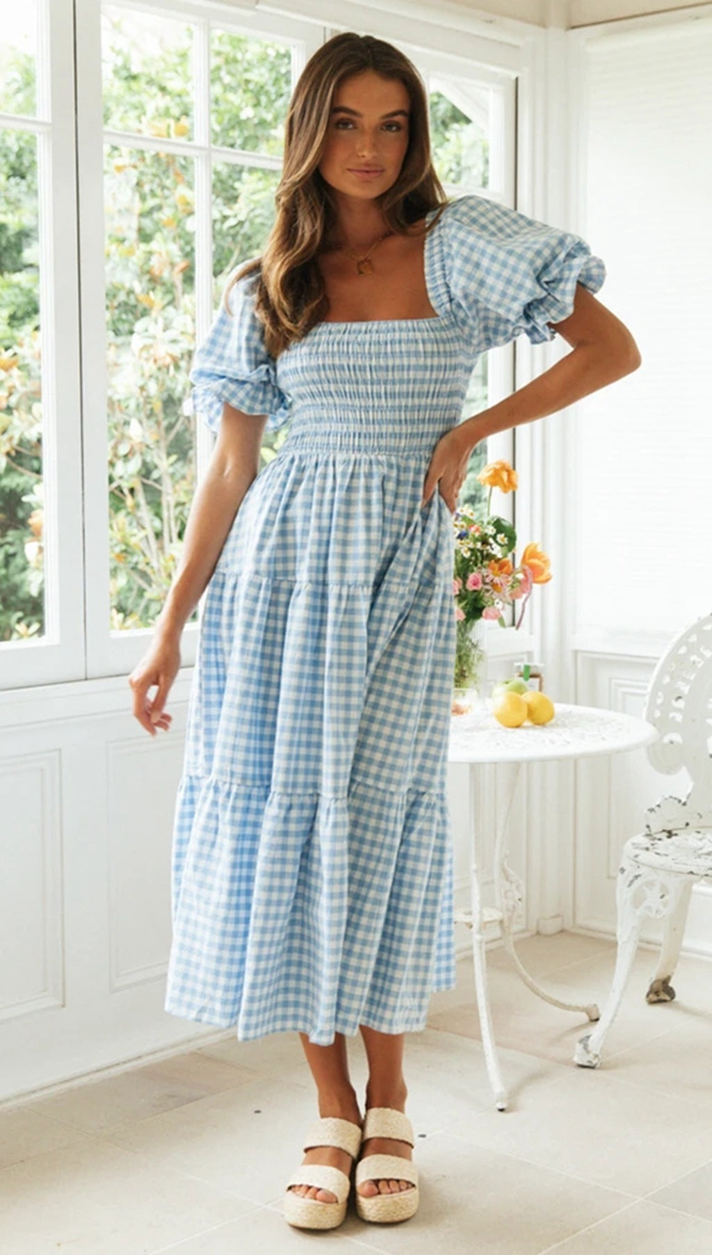 Plaid Dress Square Collar Puff Sleeve High Waist