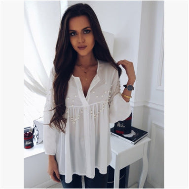 White Chiffon Beaded Loose Casual Collar Top