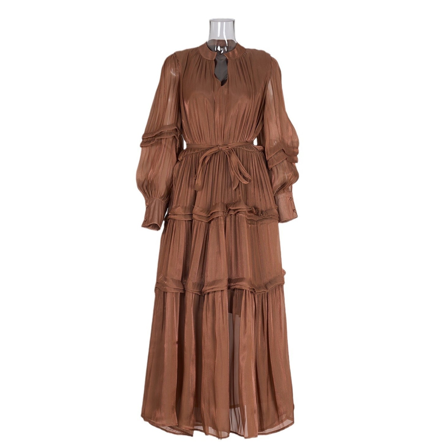 V-neck Lantern Sleeve Fitted Waist Pleated Long Silk Dress
