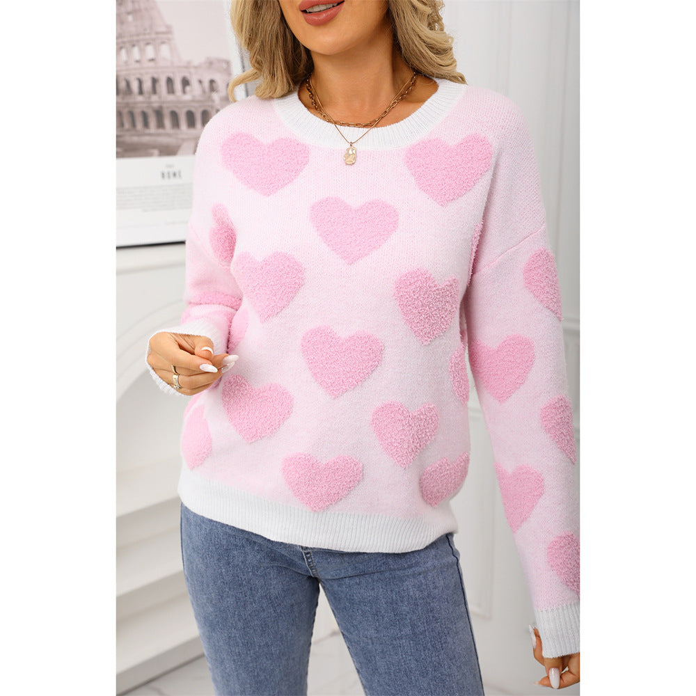 European And American Pullover Jacquard Peach Heart Sweater For Women