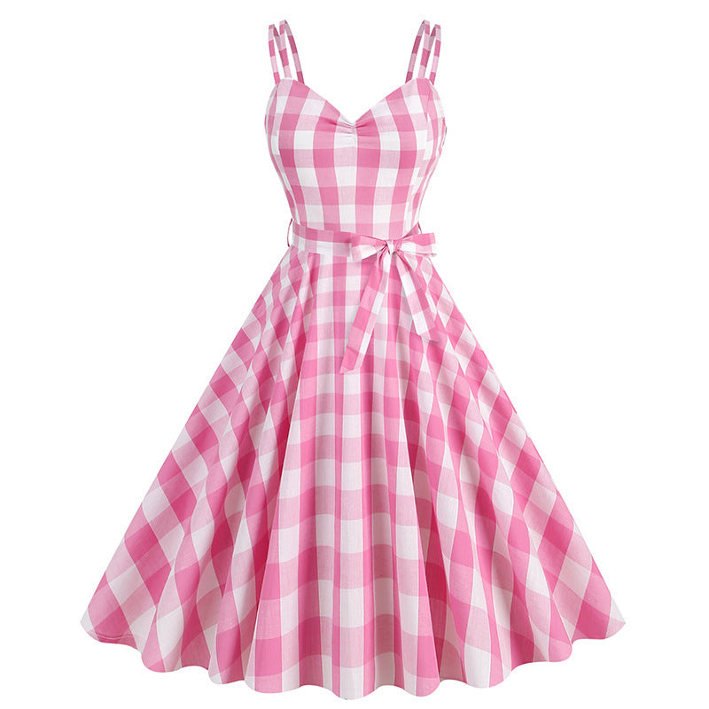 Hepburn Style British Lattice Vintage Belt Barbie Pink Women's Dress
