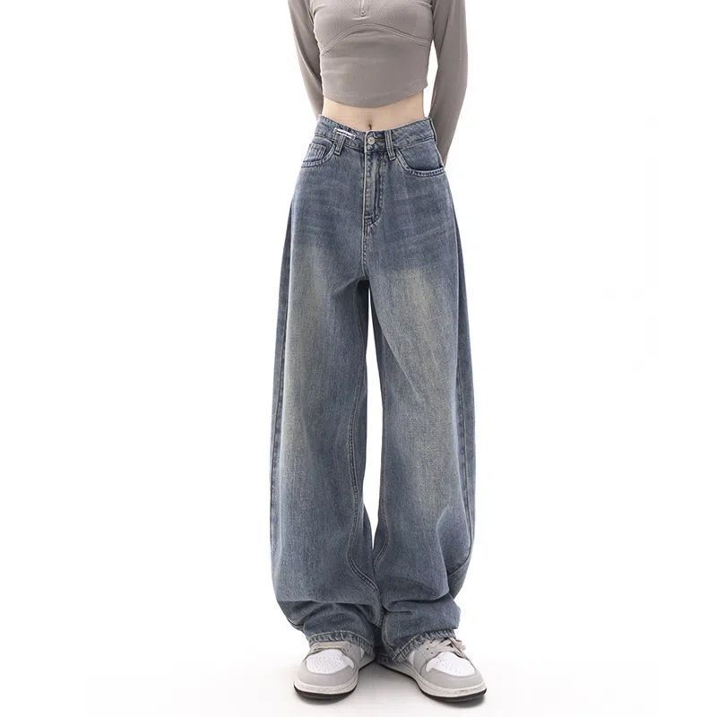 American High Street Retro Hong Kong Style Jeans Women's High Waist Loose All-matching Straight Wide Leg Pants Slim Pants