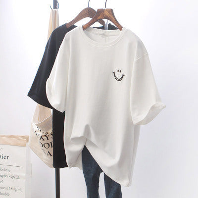 Smiley Face Round Neck Short-sleeved T-shirt Women Loose Slimming Top