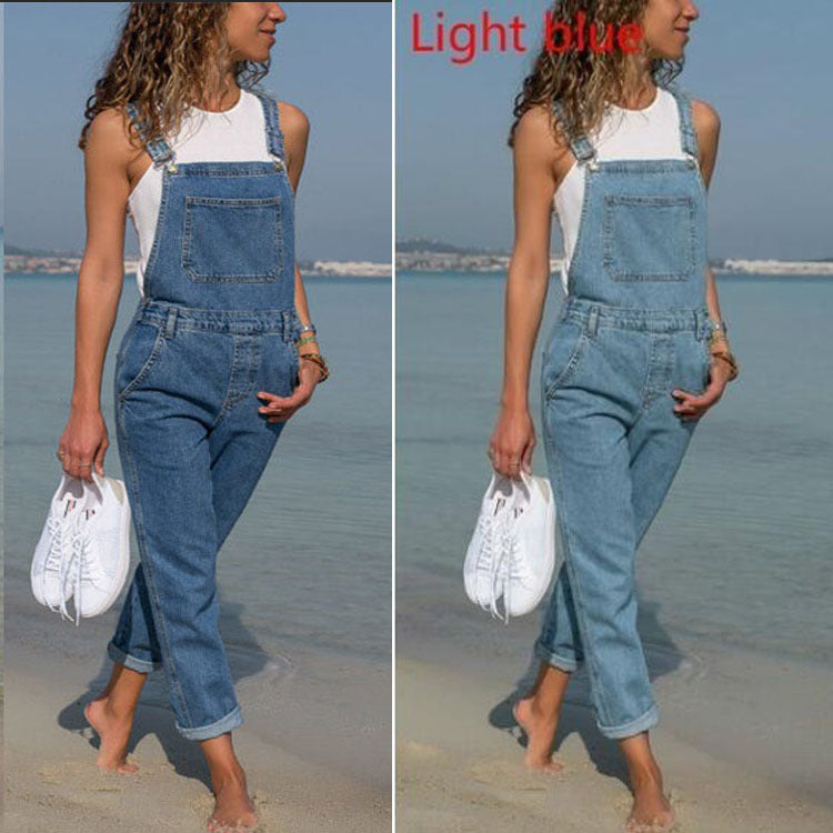 Women's solid color denim overalls