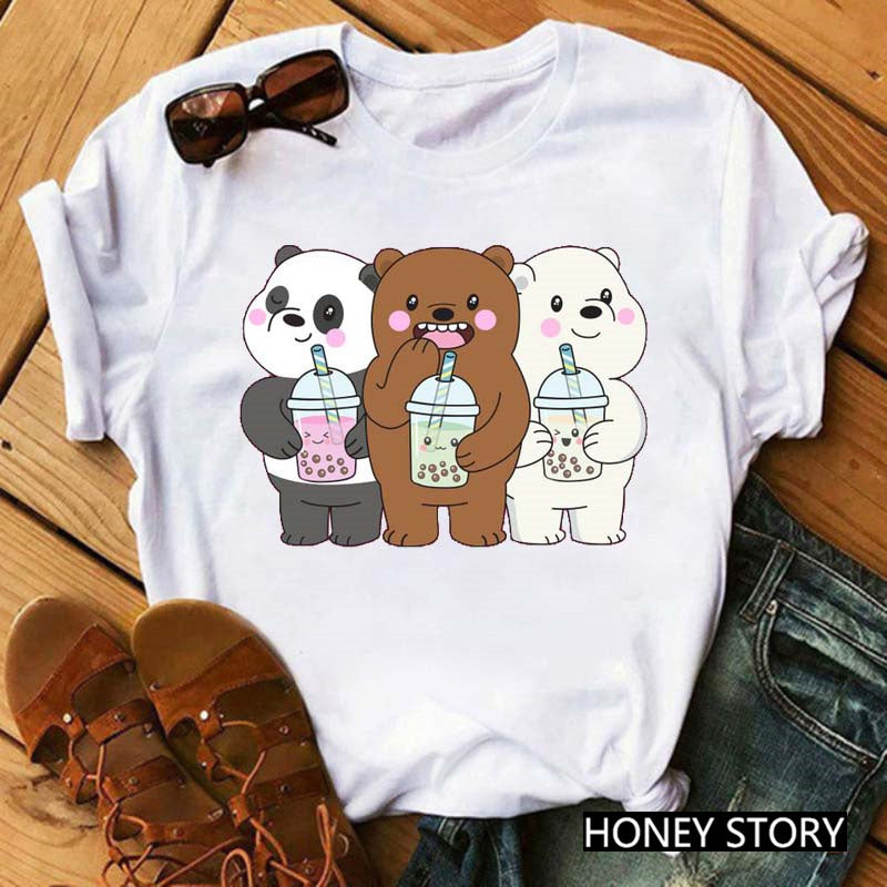 Cute Cartoon Three Bears Print Ladies Short Sleeve T-Shirt
