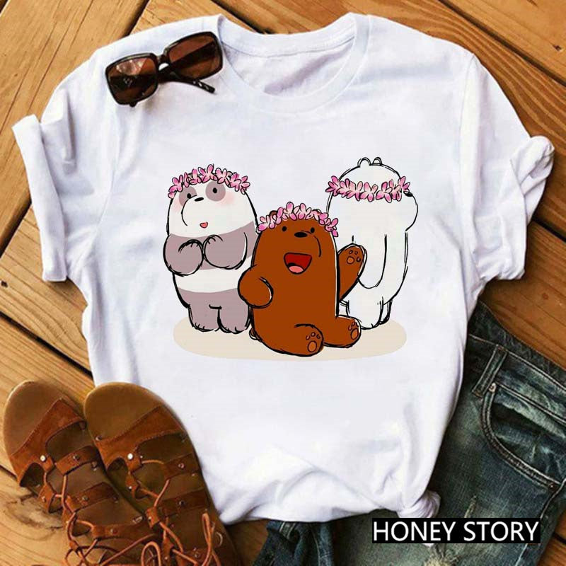 Cute Cartoon Three Bears Print Ladies Short Sleeve T-Shirt