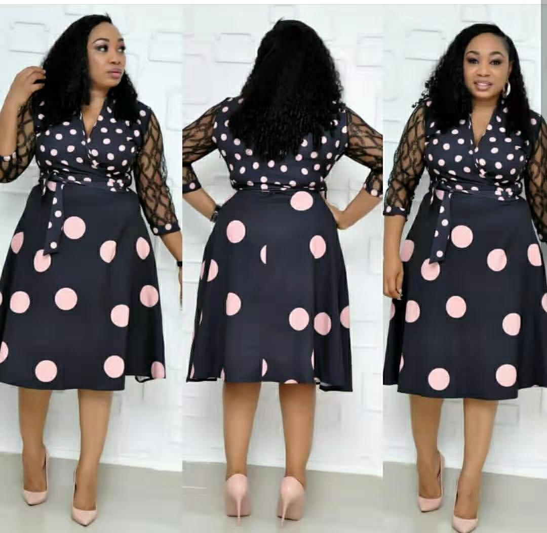 V-neck Long Sleeve Polka Dot Plus Size Lace Stitching Women's Dress