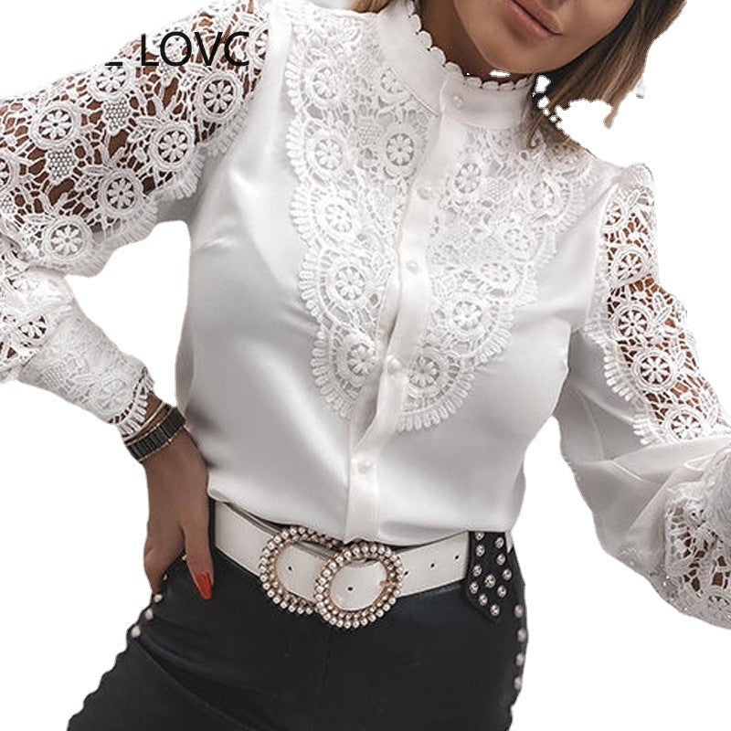 Fashion Lace Long Sleeve V-neck Button Shirt