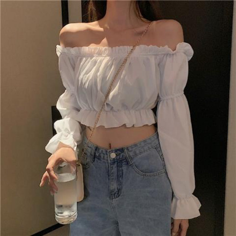 One-Shoulder Wooden Ear Chiffon Blouse Ladies Long-Sleeved Shirt