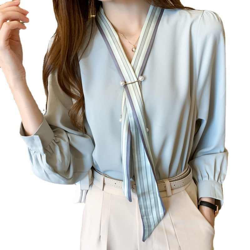 V-neck Streamer Fashion OL Goddess Fan Sang Silk Shirt