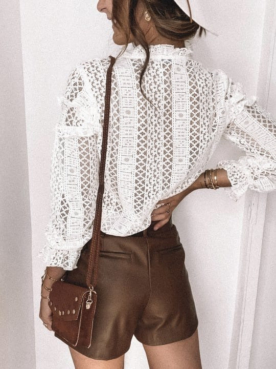 Temperament Lace Collar Hollow Lace White Sexy Top
