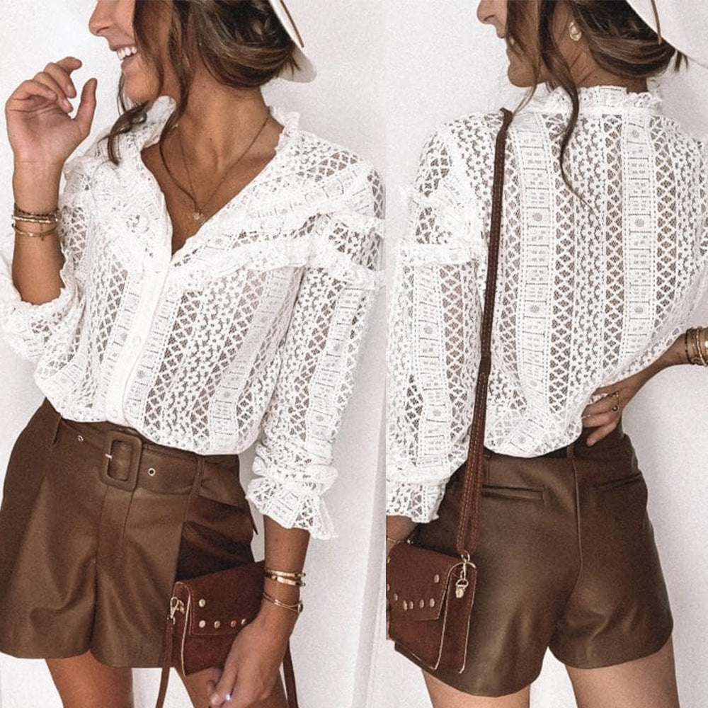 Temperament Lace Collar Hollow Lace White Sexy Top
