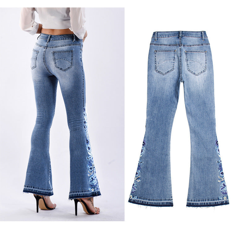 Denim Embroidered Women's Trousers, Wide-Leg Washed Flared Jeans, Plus Size Trousers