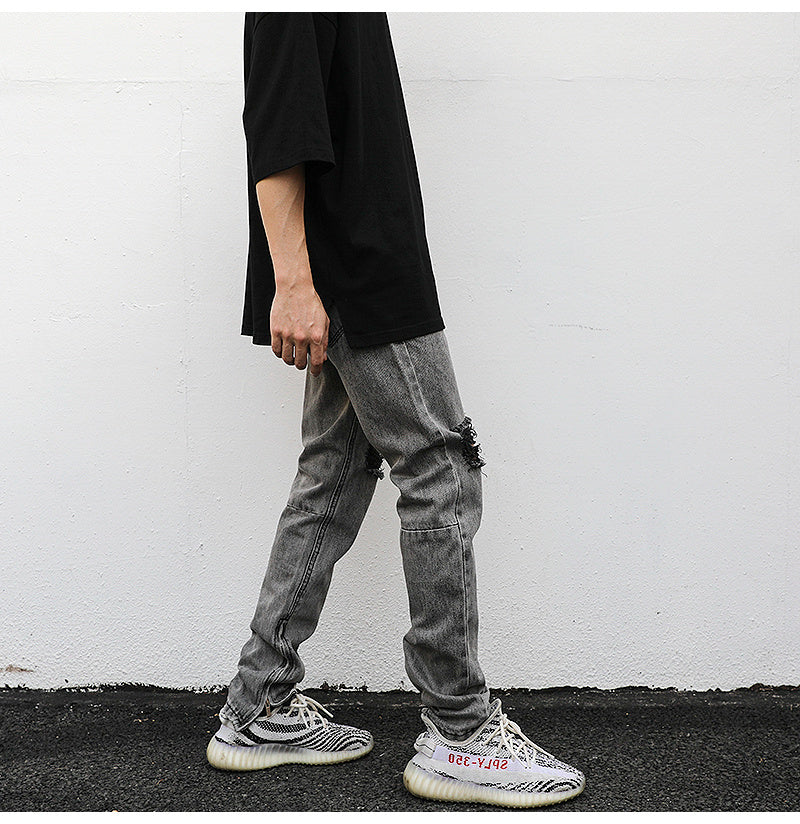 High Street Wind-Washed Water Distressed Gray Ripped Zipper Slim-Fit Jeans With Small Feet Kanye Hip-Hop Trousers Trendy Men