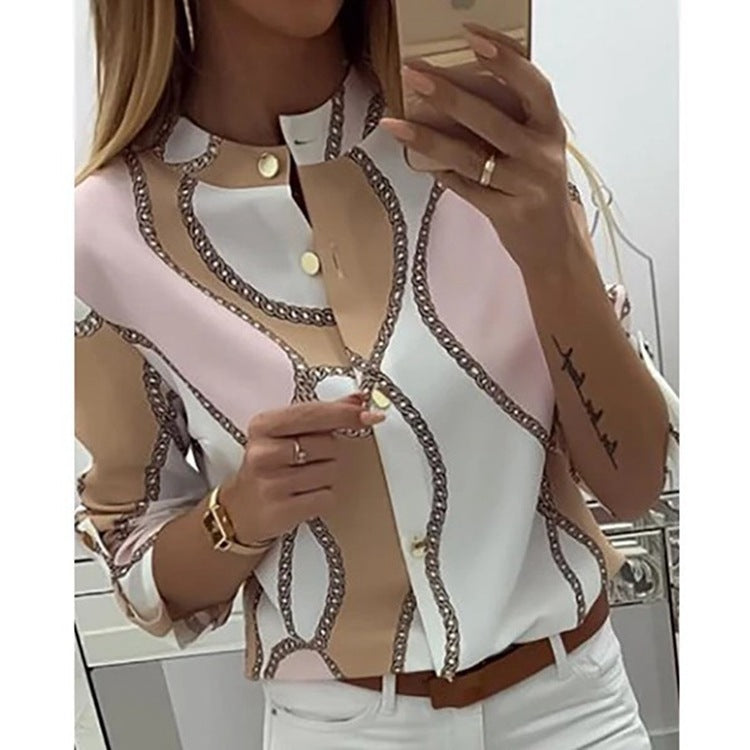 Printed Lapel Pull-up Long-sleeved Shirt