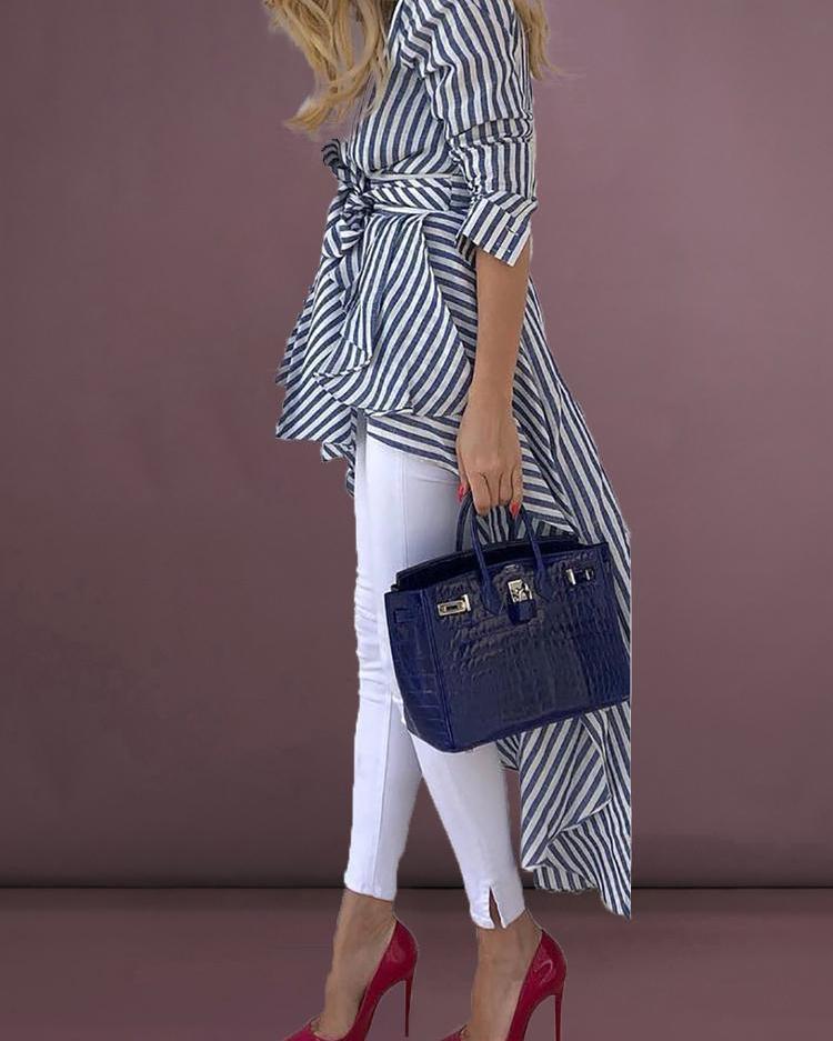 Fashion Simple Slim Slimming Color Matching Short Sleeved Women's Striped Shirt Dress