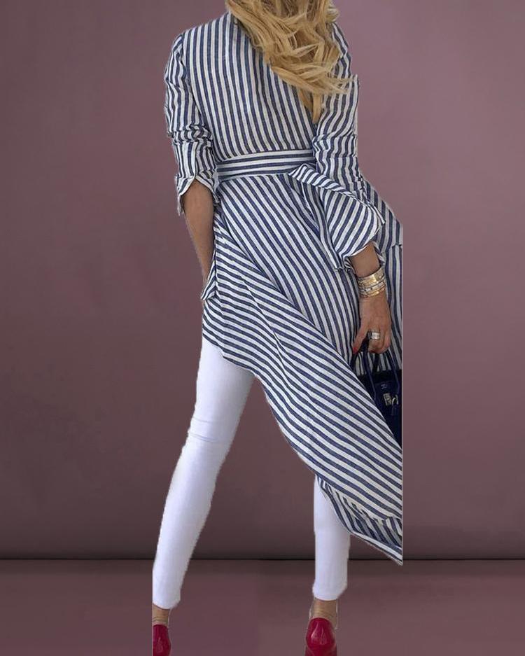Fashion Simple Slim Slimming Color Matching Short Sleeved Women's Striped Shirt Dress