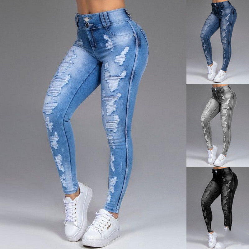 Ladies Jeans Ripped Holes Show Thin Stretch Jeans